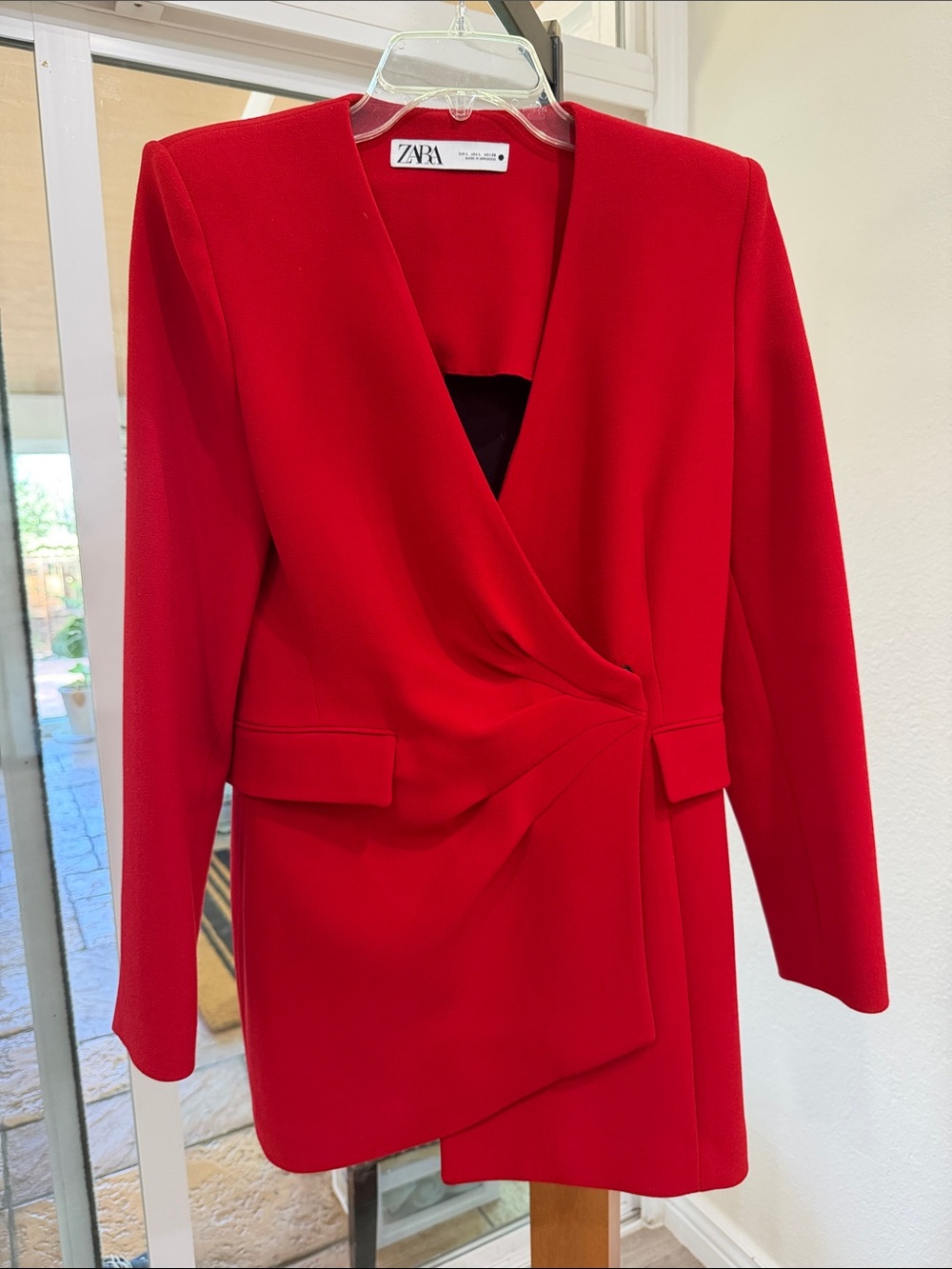 ZARA Vibrant Red Draped Long-Sleeve Wrap Blazer Dress